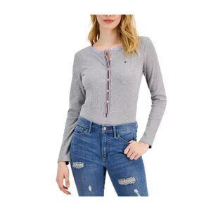 Tommy Hilfiger Womens Grey Long-Sleeve Bodysuit With Striped Button Detail Large